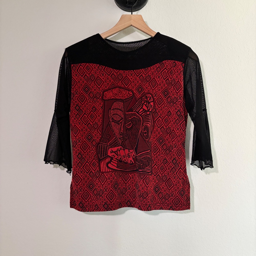 Mesh Sleeve Top Cubist Graphic Small Sheer Bell Sleeve Red Black Art